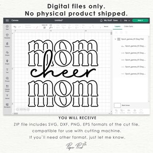 May include: A digital design file with the text "mom cheer mom" in a bold, outlined font. The design is shown on a digital canvas with a user interface. The file includes SVG, DXF, PNG, and EPS formats, suitable for cutting machines.