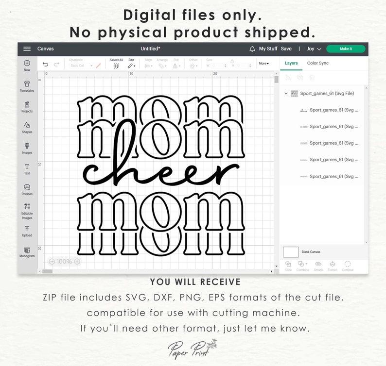 May include: A digital design file with the text "mom cheer mom" in a bold, outlined font. The design is shown on a digital canvas with a user interface. The file includes SVG, DXF, PNG, and EPS formats, suitable for cutting machines.