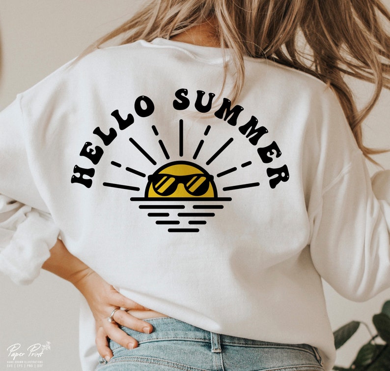 May include: White sweatshirt with a black graphic of a sun wearing sunglasses and the text "Hello Summer" in a black retro font.