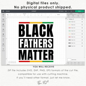 Puede incluir: Un archivo de dise&ntilde;o digital para una m&aacute;quina de corte con el texto "BLACK FATHERS MATTER" en letras negras con una franja roja, amarilla y verde en la parte inferior.
