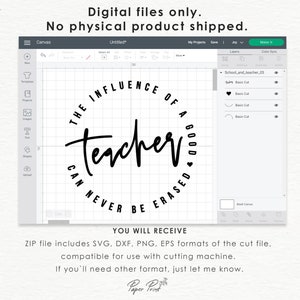 May include: A black and white digital design of a circle with the text "The influence of a good teacher can never be erased".