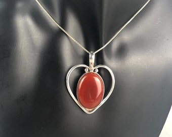 Carnelian Heart Pendant Necklace: Sterling Silver, 16 Inch Chain
