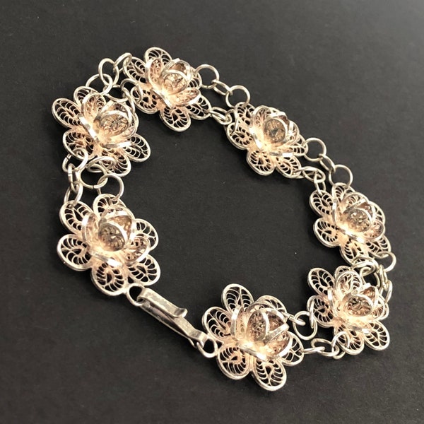 Estate Cannetille Filigree Sterling Silver Floral Vintage Bracelet / 925 Mexico Bracelet / Size 7.75