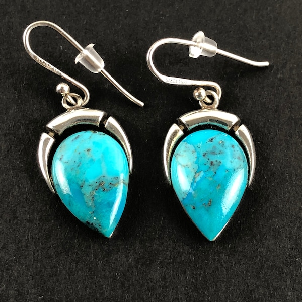 Sally C Treasures Sterling Silver Turquoise Upside Down Teardrop Shaped Dangle Drop Ear Wire Pierced Earrings / Signed SX 925 Thailand