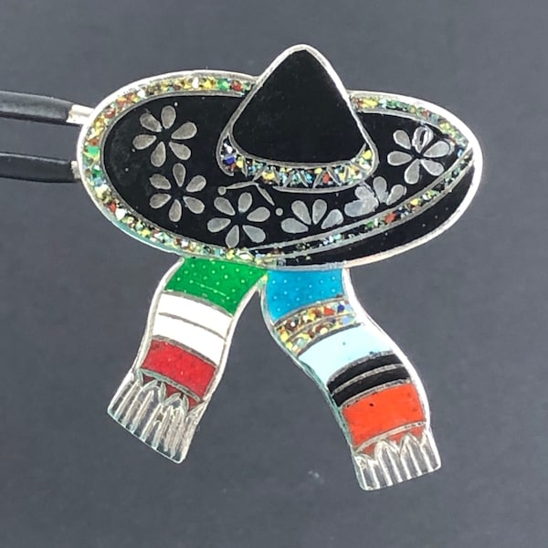 Margot de Taxco Mariachi Hat Design by MIGUEL ARIAS / Mosaic Enamel Sterling Silver Scarf Brooch Pin /Taxco 925 GRO Mid-Century