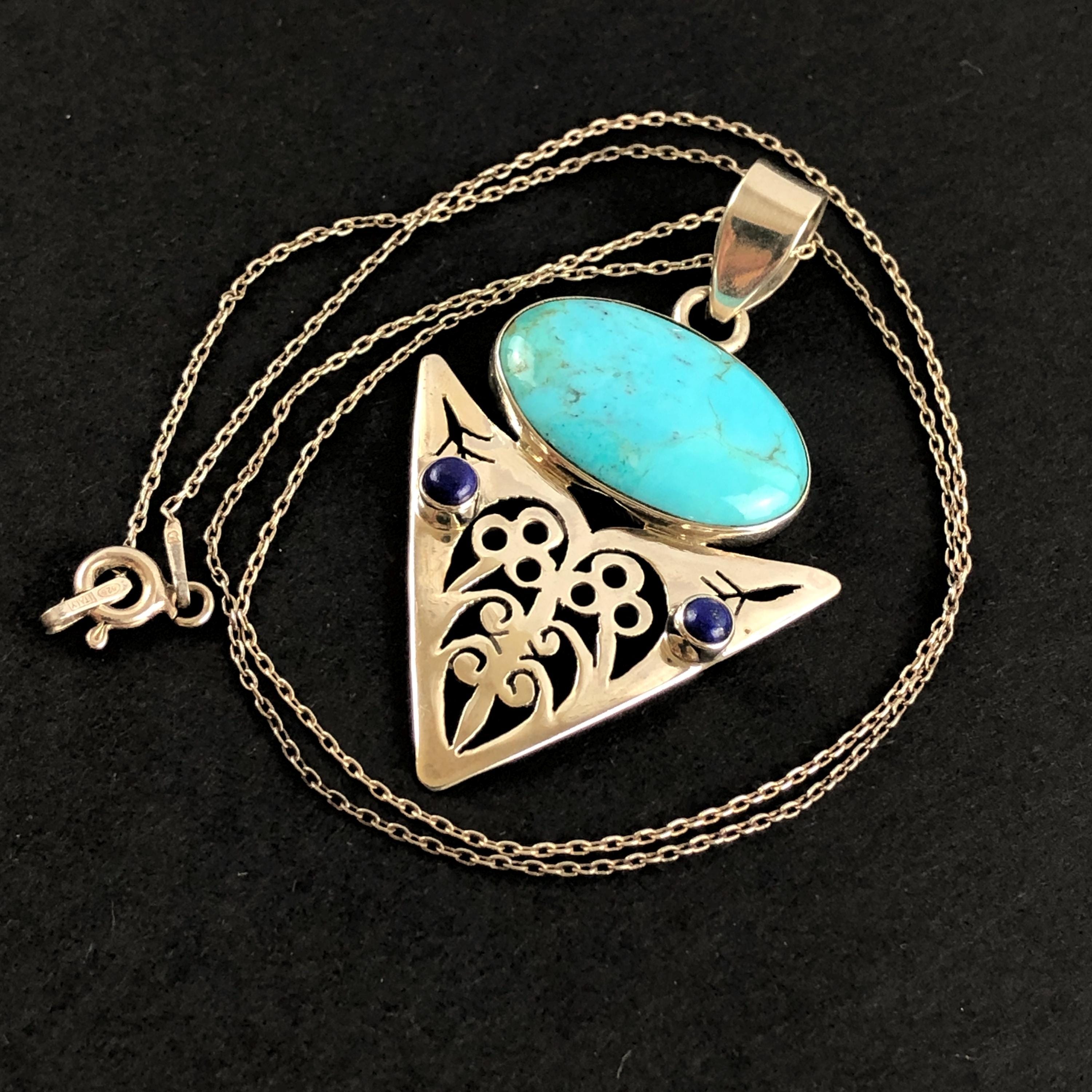 Sterling Silver Lapis Lazuli and Turquoise Pendant Necklace, 17
