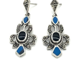 Vintage Sterling Silver Drop Earrings: Lapis, Onyx & Marcasite