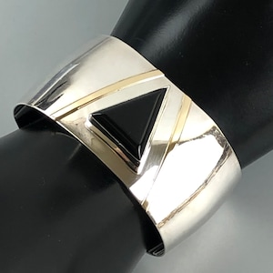 14K Yellow Gold, Sterling Silver Black Onyx Modernist Cuff Bracelet / MR 14K SS / Wide Mid-Century/Small Size 6.5”