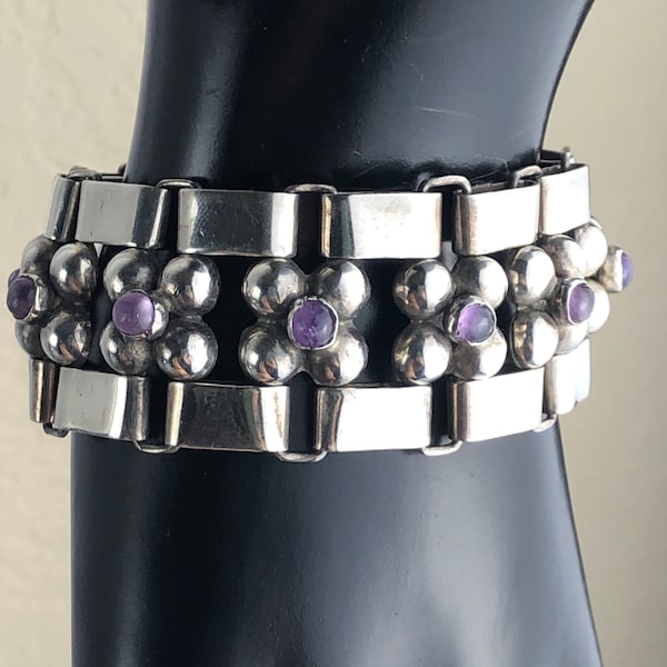 Signed Fred Davis Sterling Silver Purple Amethyst Panel Link Bracelet/1940’s Modernist 925 Silver Floral Bracelet / 7.5 Inch-Long / 66 Grams