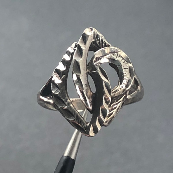 Estate Diamond Cut Sparkly Brutalist Openwork Artisan Sterling Silver Statement Ring / Size 7.5