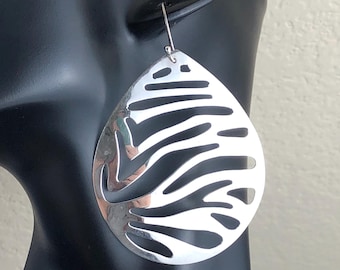 Large Mexican Sterling Silver Dangle Earrings: Zebra Cutout Teardrop, HOB Modernist