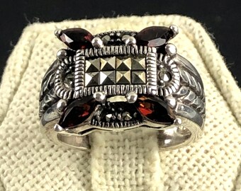 Sterling Silber, rote Strasssteine und Markasiten Art Deco Statement Ring Größe 7,5