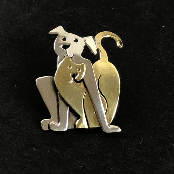 Sterling Silver Dog and Cat Lapel Pin / 925 Silver and Gold Tone Brass Far Fetched Brand / Friendship, Animal Theme