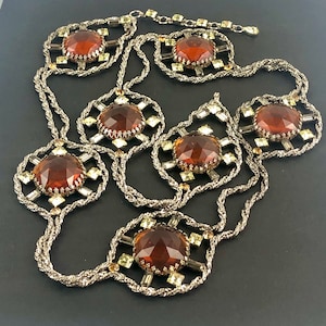 Rare SCHREINER Statement Belt or Necklace/Round, Domed Faceted Rhinestones/Smoky, Brown and Yellow Colors / Collectible Gift / 35&quot;
