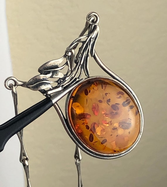 Large Oval Baltic Amber Sterling Silver Cattail P… - image 8