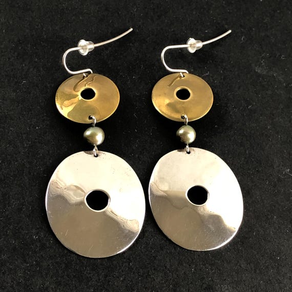 Sterling Silver Brass Open Circle Pearl Dangle Earrings - RLM Studio