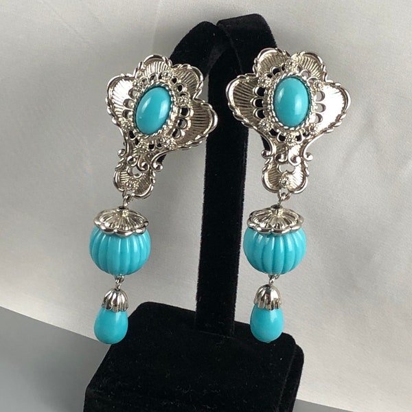 Vintage Jose Barrera for AVON Turquoise Blue Color Lucite Runway Statement Clip-On Dangle Earrings