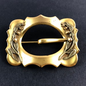 Antique Victorian Art Nouveau Sash Buckle C-Clasp Brooch / Lily of the Valley Flower Overlays / Gold Tone Brass