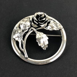 Vintage Danecraft Sterling Silver Rose Brooch: Open Circle Floral Pin