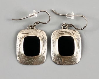 Sterling Silver 925 Black Onyx Dangle French Wire Earrings / Stamped Etched Silver Rectangular Ear Wire Earrings