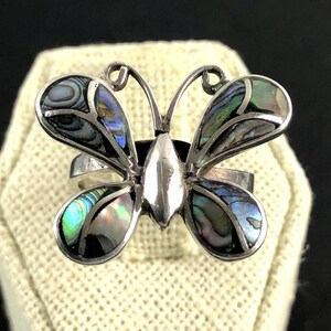 Sterling Silver and Iridescent Abalone Shell Butterfly Shape Statement Cocktail Ring Size 7.75
