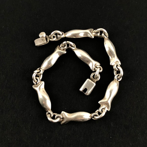 Sterling Silver Fish Panel Link Box Clasp Bracelet / Mexico 925 Silver Animal Figural Modernist Bracelet/Men, Women, Unisex / 8.25 Inch Long