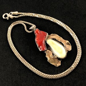 Southwestern Sterling Silver and Brass Red Coral and Shell Pendant Necklace / Signed MF / Modernist Style / Italy 925 Silver 16” Box Chain