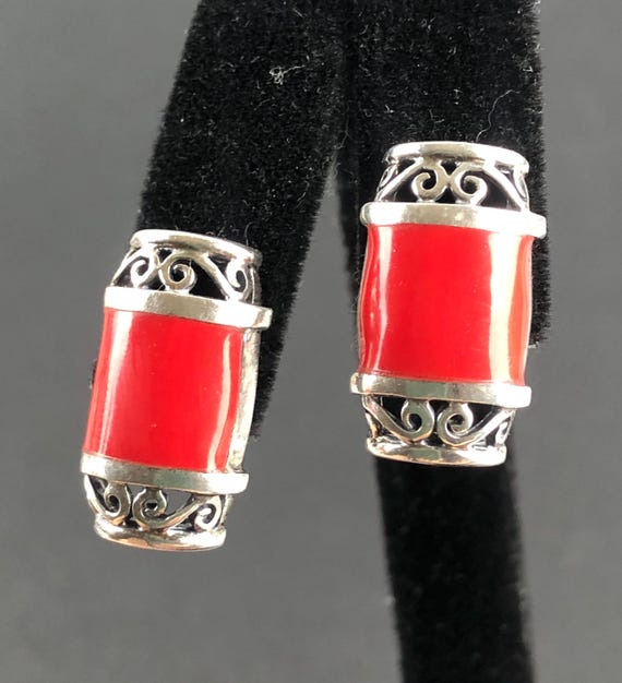 Sterling Silver and Red Composite Scroll Rectangu… - image 1