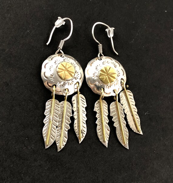 Taxco Sterling Silver Concho Feather Earrings: Southwestern Dangle Jewelry View 2