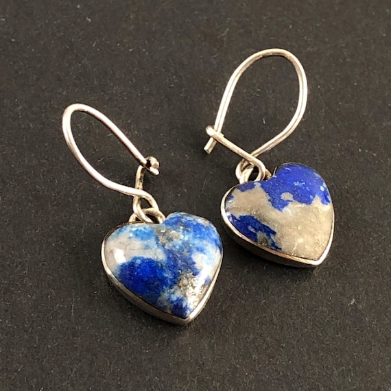 Vintage Argentium Silver Lapis Heart Earrings: Dangle Drop 960 Silver