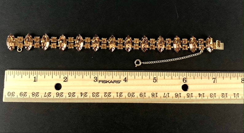 Light Brown Amber Color Rhinestones 7 Inch Gold Tone Bracelet WEISS Vintage Faceted Cognac Austrian Crystal Panel Bracelet Earth Tone