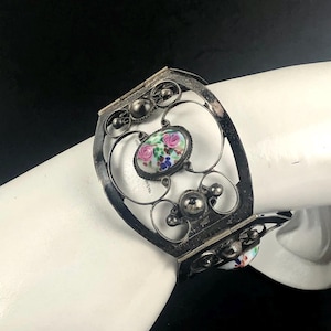 Vintage R.J.R. Mexican Sterling Silver Painted Porcelain Panel Hinged Bracelet/Open Work Beaded Panels/Rose Flowers/6.75-Inch-Long