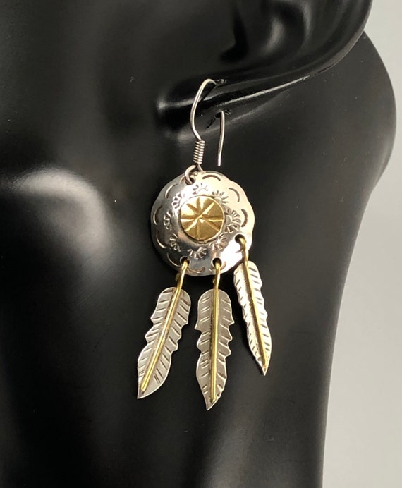 Taxco Sterling Silver Concho Feather Earrings: Southwestern Dangle Jewelry View 6