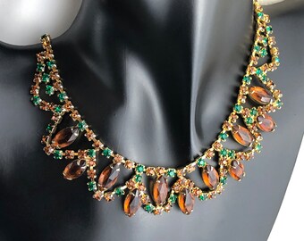 Vintage Green and Amber Brown Colored Rhinestones Bib Style Choker Necklace