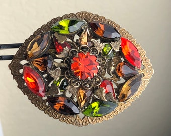 Broche Vintage Années 50/60 En Métal Argenté Avec Cabochon Fonte De Verre Et Oxydes