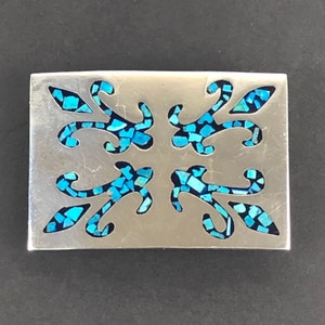 Taxco TL-59 Crushed Turquoise Inlay Sterling Silver Belt Buckle / Estate Mexican 925 Silver Buckle / Southwestern