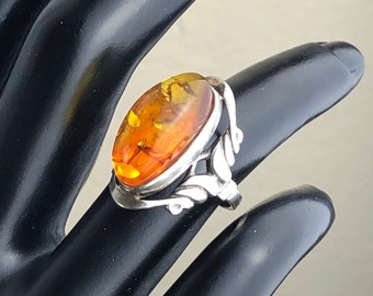 Bague En Argent 925 Et Ambre Style Art Nouveau - Taille 53, Occasion état Neuf