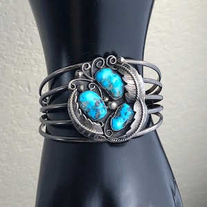 Vintage Old-Pawn Southwestern Navajo Sterling Silver and Kingman Turquoise Nuggets with Quartz Inclusions Cuff Bracelet / Size 6.5”