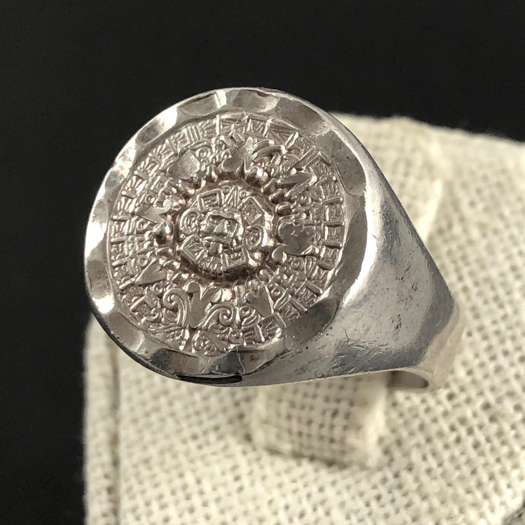 Vintage Mexican Aztec/mayan Sun Calendar Sterling Silver Men’s Signet ...