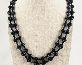 Miriam Haskell Black Glass Bead Necklace: Two-Strand Statement Jewelry, 28 Inch