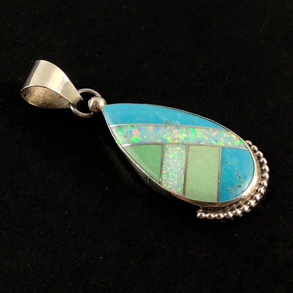 Southwestern Navajo Sterling Silver Opal and Turquoise Inlay Pendant by R Sandoval / Teardrop Opal, Blue and Green Stone Inlay