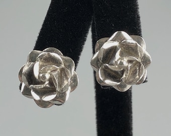 Sterling Silver 3D Rose Blossom Pierced, Push-Back Stud Earrings / Floral Botanical Theme / Mexican Silver