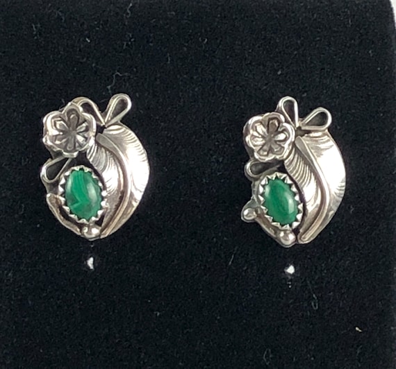 Navajo Malachite Sterling Silver Stud Earrings, Floral Shadowbox Design
