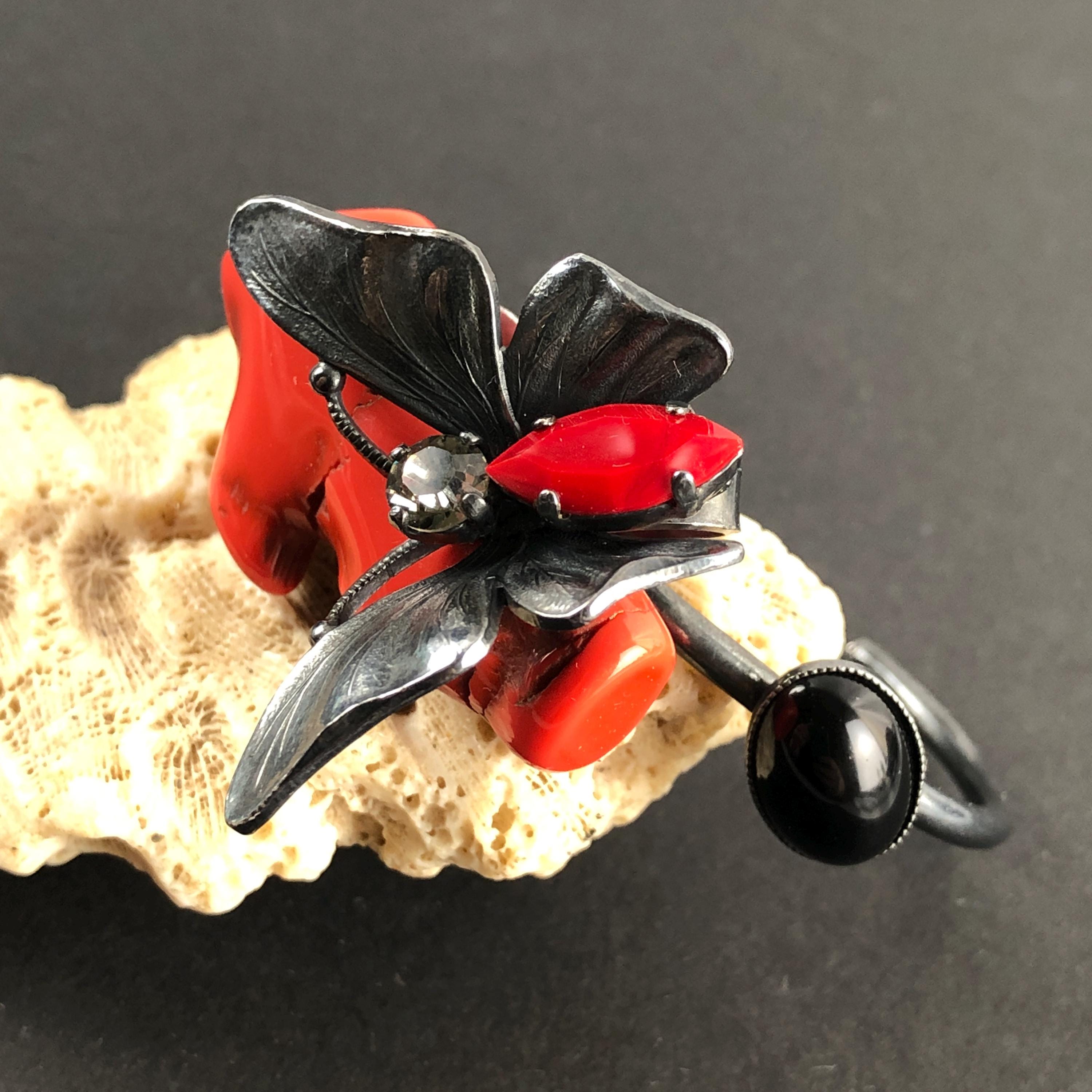 Philippe Ferrandis Paris Butterfly Cuff Bracelet: Red Stone Insect