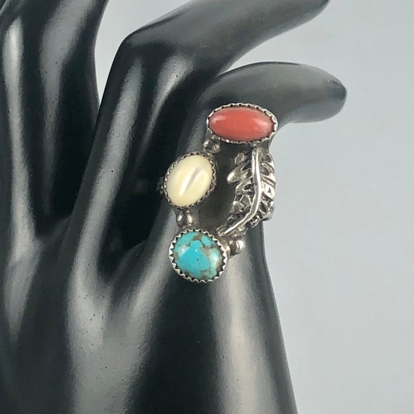 Vintage Southwestern Navajo Turquoise Coral MOP Sterling Silver Ring / Shadow Box Leaf Applique Design / Size 6