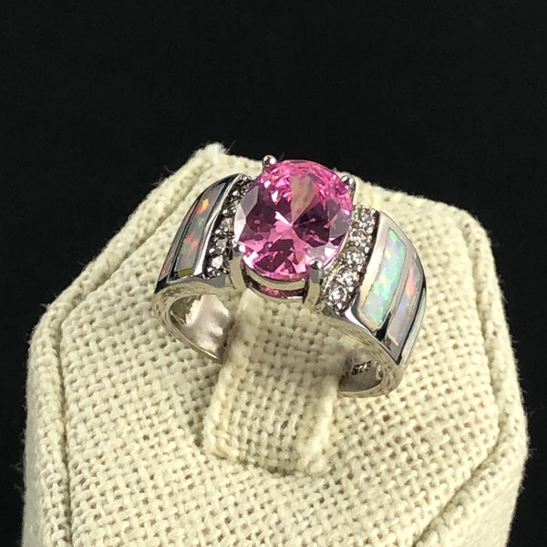 Facettierter Zirkonia Zirkonia CZ und Feuriger Opal Inlay Sterling Silber Statement Ring / Größe 6