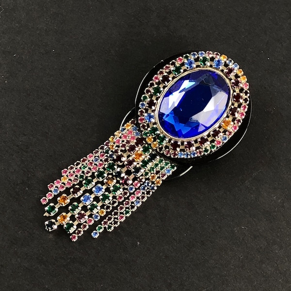 vintage Unique Multi couleur Strass Fringe Broche / Grande pierre de verre ovale à facettes bleu marine / Gland à franges graduées