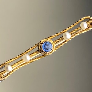 Vintage 14K Yellow Gold, Blue spinel or Topaz and Pearls Bar Line Pin, Victorian Antique Gold / Gift for Her, Him
