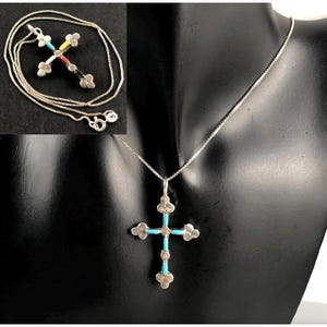 Southwestern Two-Sided Multi Stone Needlepoint Sterling Silver Cross Pendant on 18 Inch Long 925 Silver Box Chain