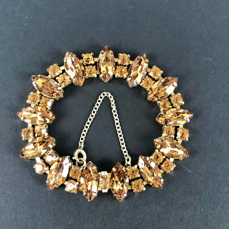 Light Brown Amber Color Rhinestones 7 Inch Gold Tone Bracelet WEISS Vintage Faceted Cognac Austrian Crystal Panel Bracelet Earth Tone